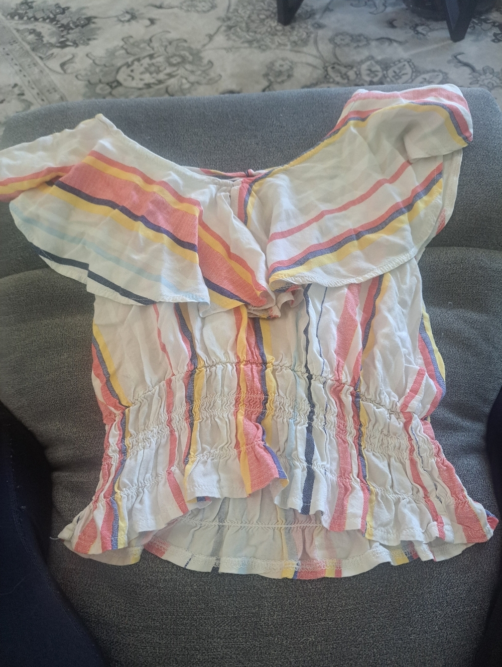 Striped Off-Shoulder Ruffle s Childs Top in White
